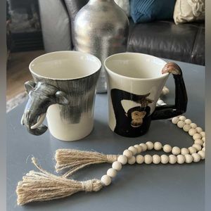 Pier 1 Import / 3D large hand painted ceramic 16 oz animal mugs x 2